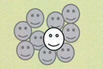 viele Smiley-Symbole in grau, in der Mitte ein weißes Smiley